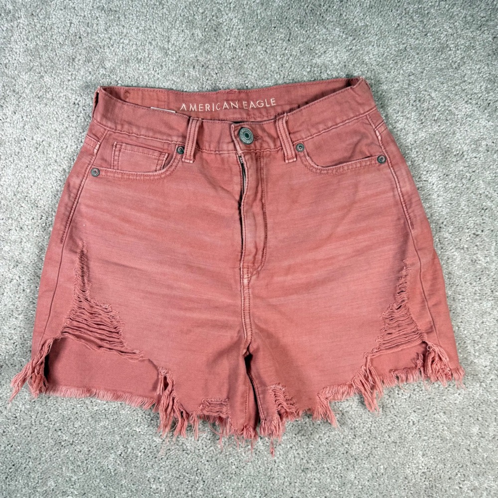 American Eagle Highest Rise Mom Short Women's 0 Pink Distressed‎ Denim Raw Hem